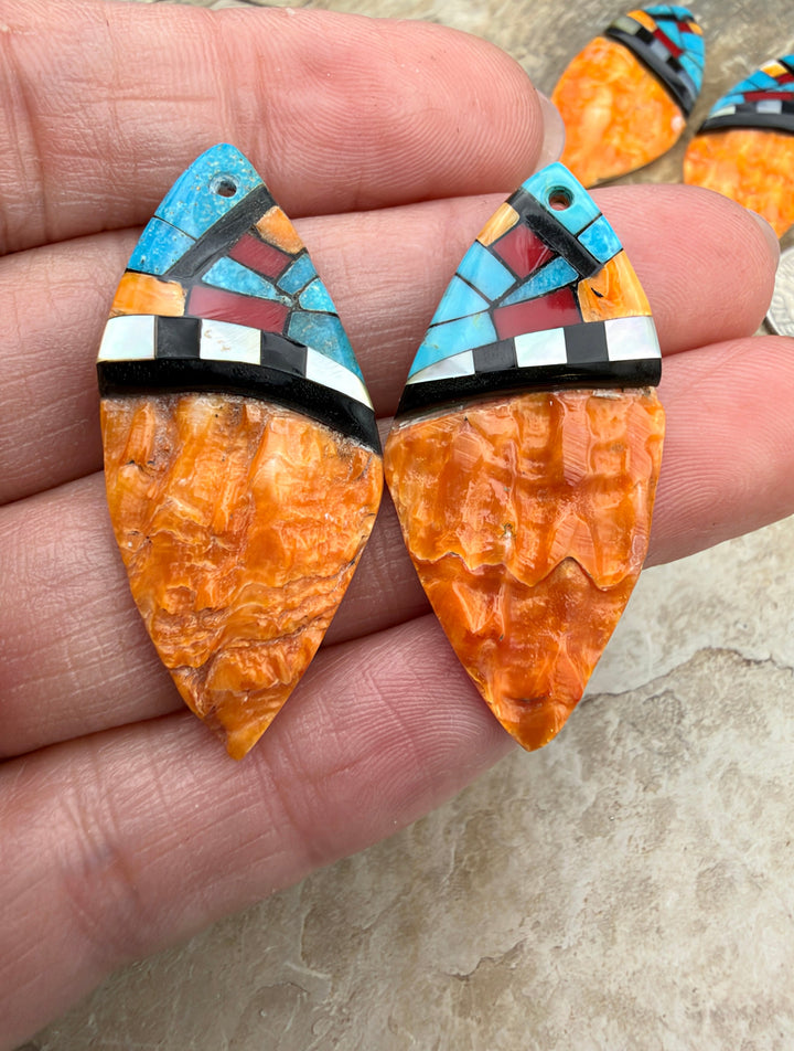 Orange Spiny Oyster with Hand Pieced Inlay Earring Slab