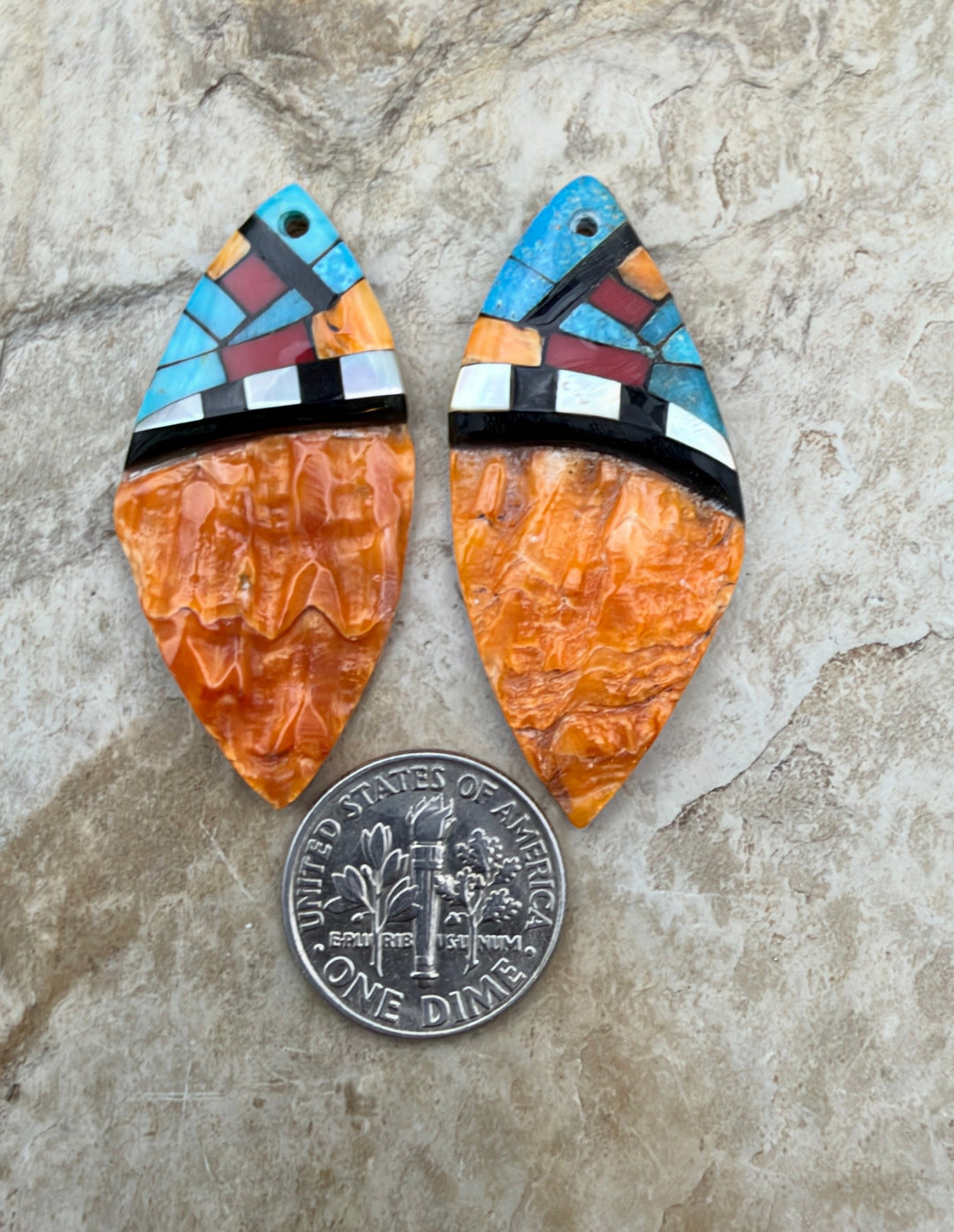 Orange Spiny Oyster with Hand Pieced Inlay Earring Slab