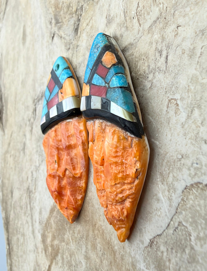Orange Spiny Oyster with Hand Pieced Inlay Earring Slab