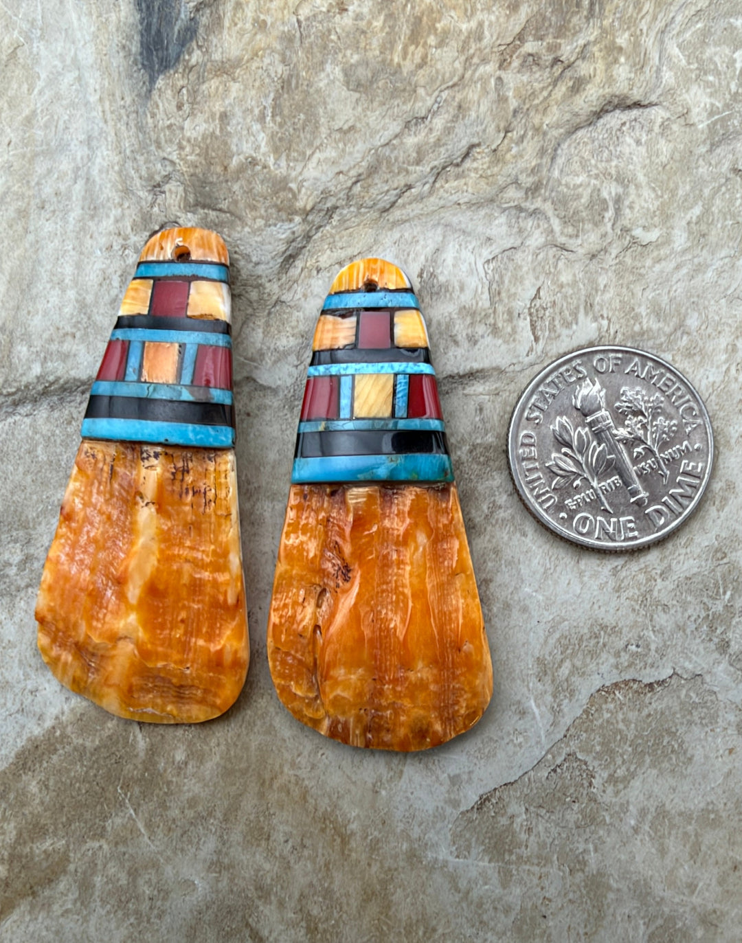 Orange Spiny Oyster with Hand Pieced Inlay Earring Slab