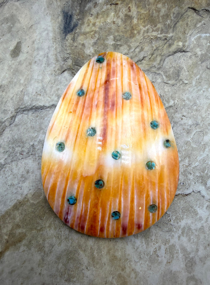 Orange Spiny Oyster With Turquoise Inlay BIG Focal Bead Pendant 42x59mm