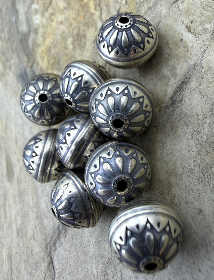 Oxidized Sterling Silver 10mm Round Beads Stamped Starburst Design, Package of 2 Beads