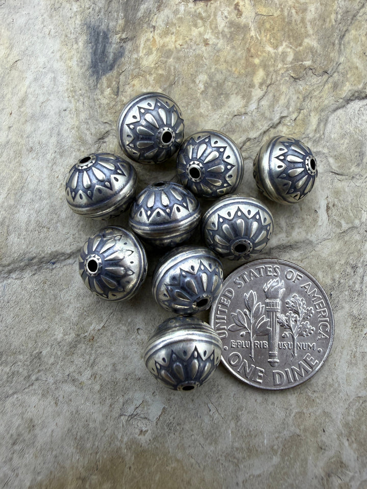 Oxidized Sterling Silver 10mm Round Beads Stamped Starburst