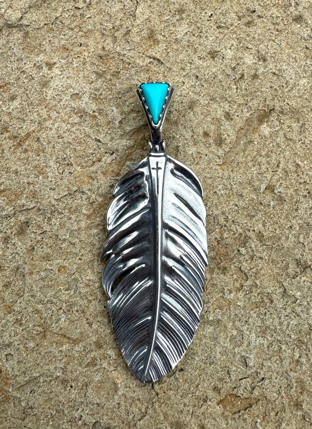 Oxidized Sterling Silver and Turquoise Feather Pendant