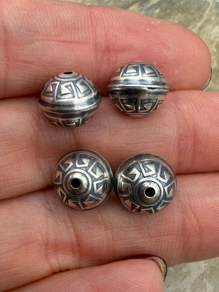 Oxidized Sterling Silver Aztec Design 10mm Round Beads