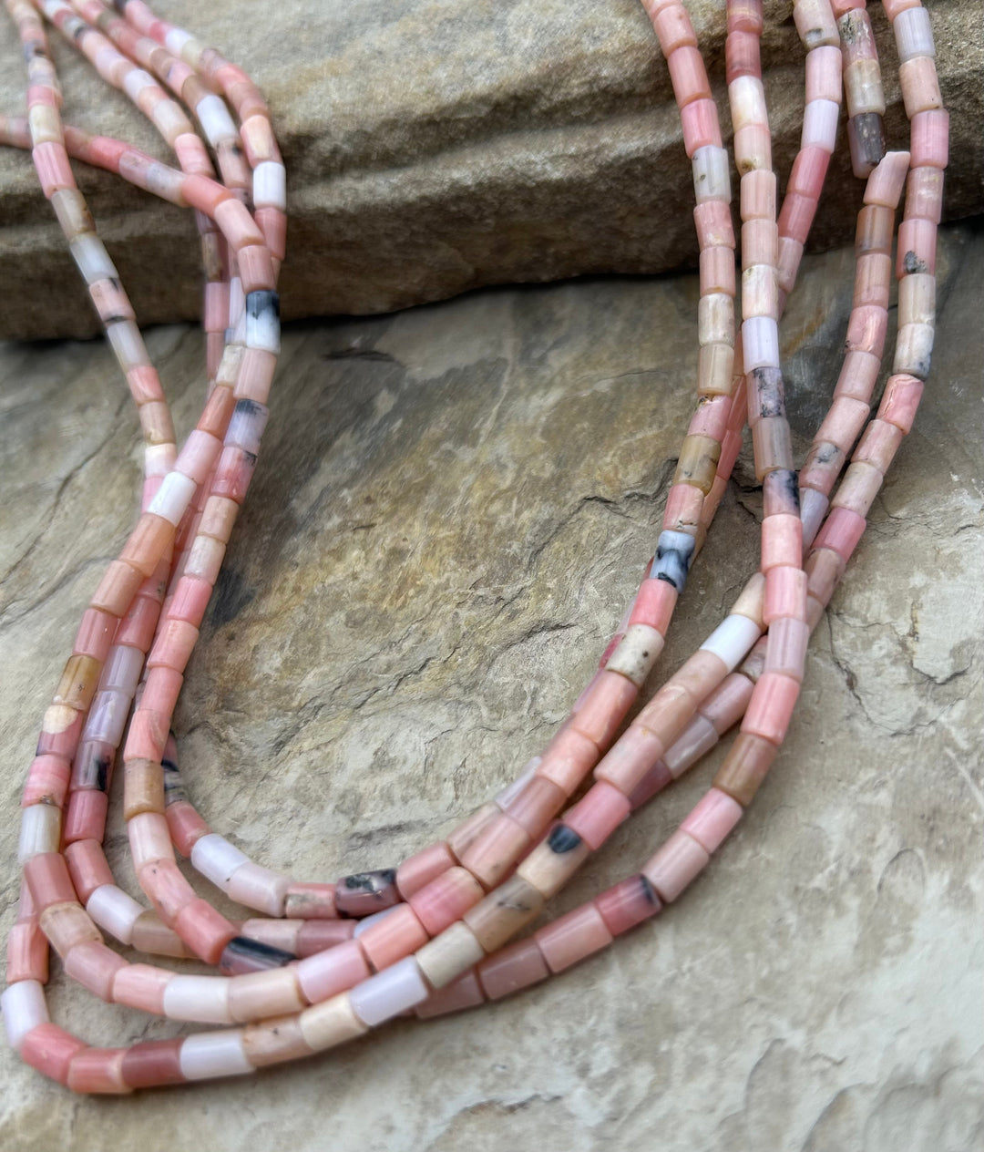 Peruvian Pink Opal 4-6mm Faceted Tube Beads 16 Inch Strand