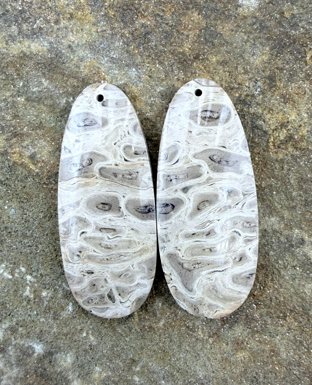 Petrified Palm Wood Matching Earring Slab Bead Pair 16x41mm