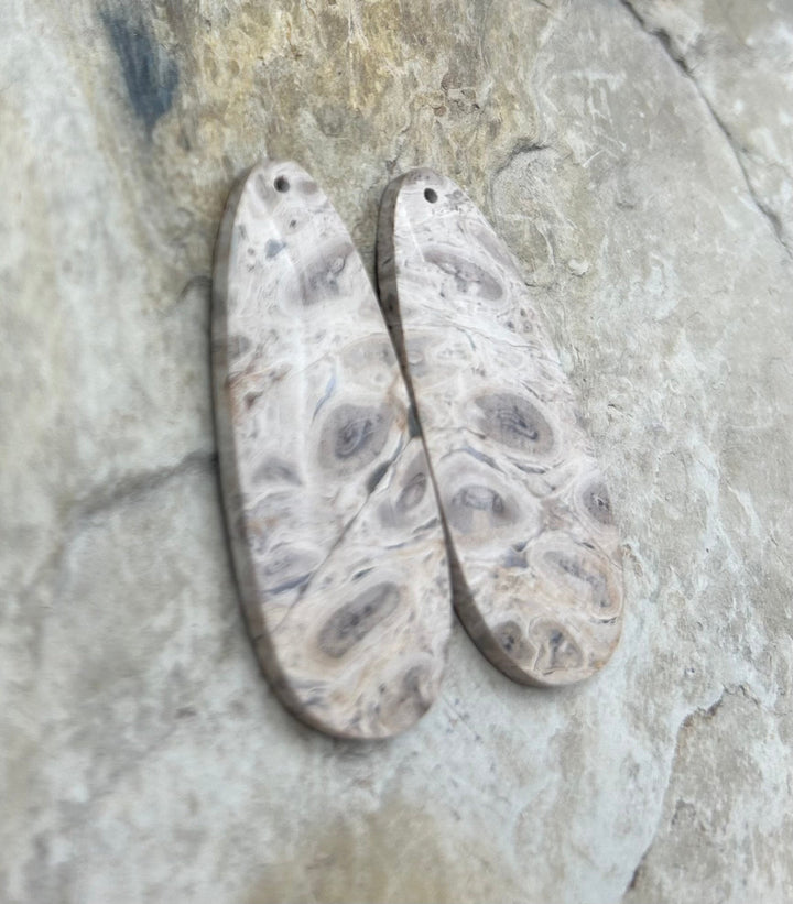 Petrified Palm Wood Matching Earring Slab Bead Pair 18x43mm