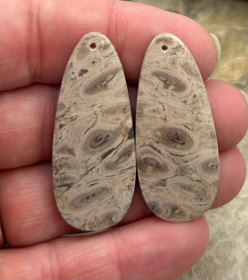Petrified Palm Wood Matching Earring Slab Bead Pair 18x43mm