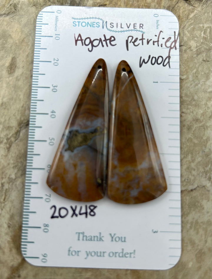 Petrified Wood Agate Matching Earring Slab Pair 20x48mm