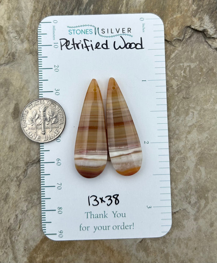 Petrified Wood Matching Earring Slab Bead Pair 13x38mm