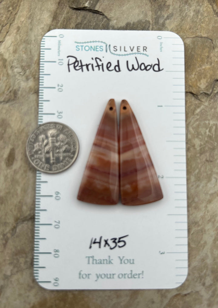 Petrified Wood Matching Earring Slab Bead Pair 14x35mm