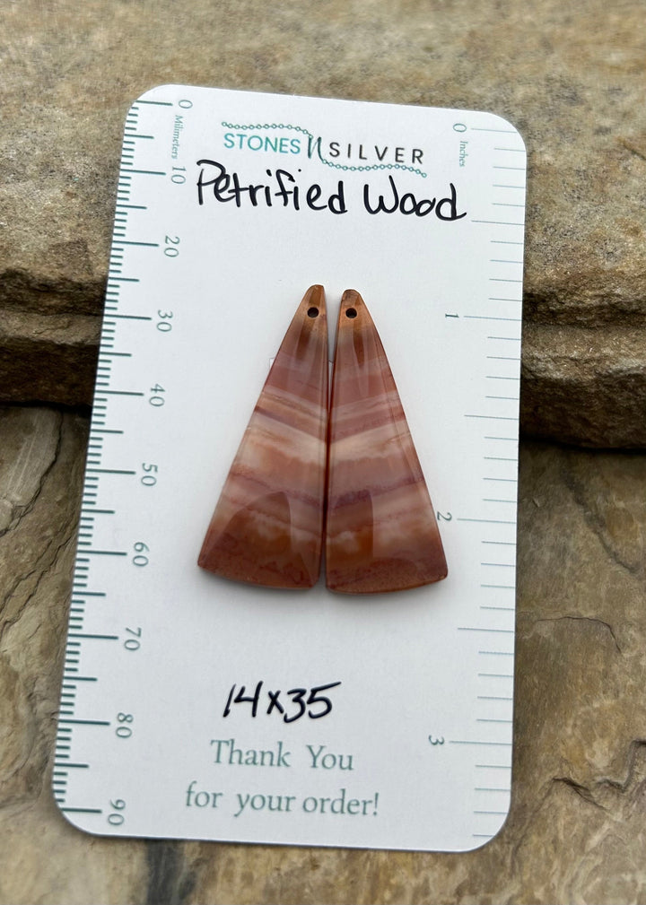 Petrified Wood Matching Earring Slab Bead Pair 14x35mm