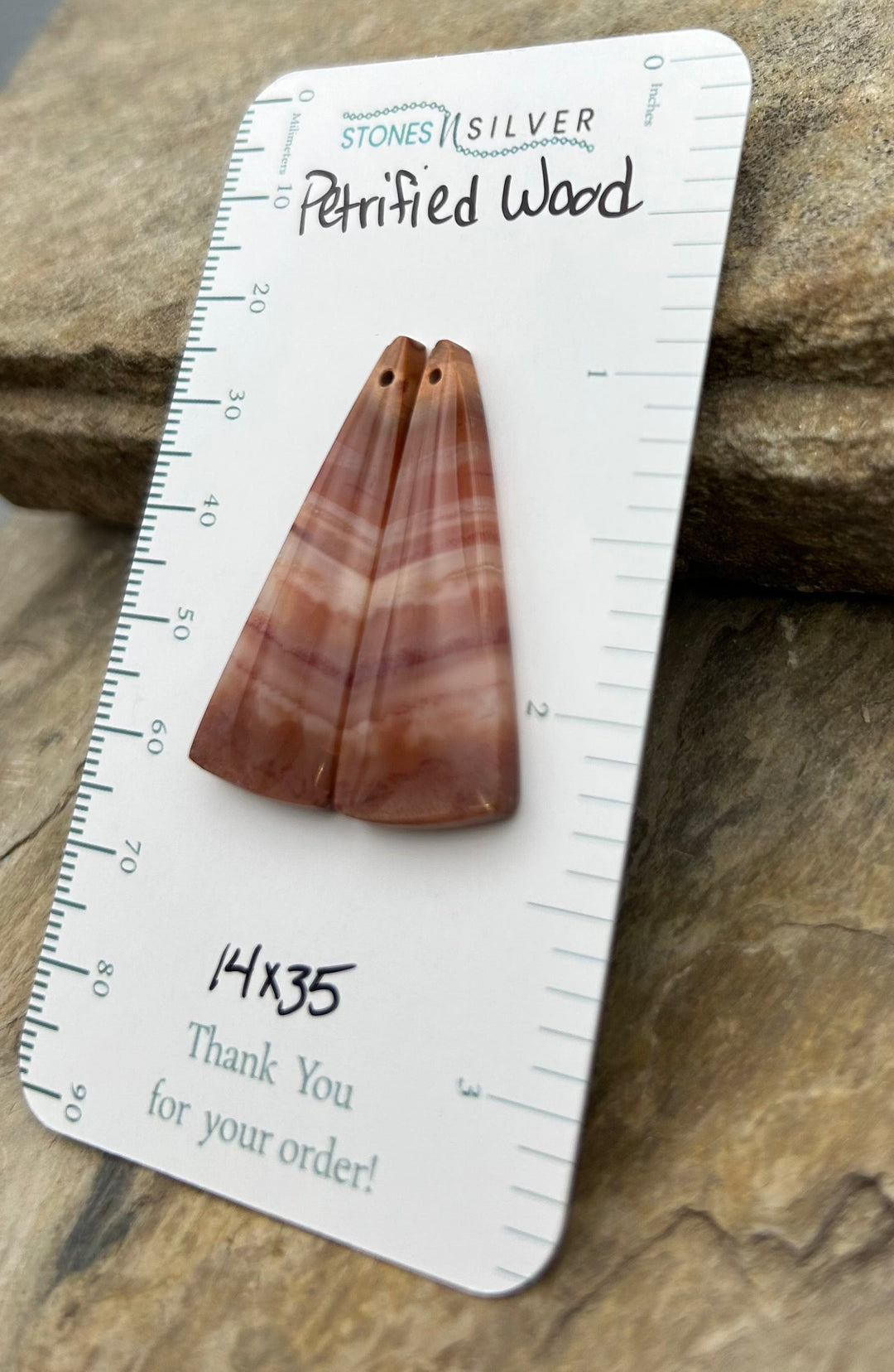 Petrified Wood Matching Earring Slab Bead Pair 14x35mm