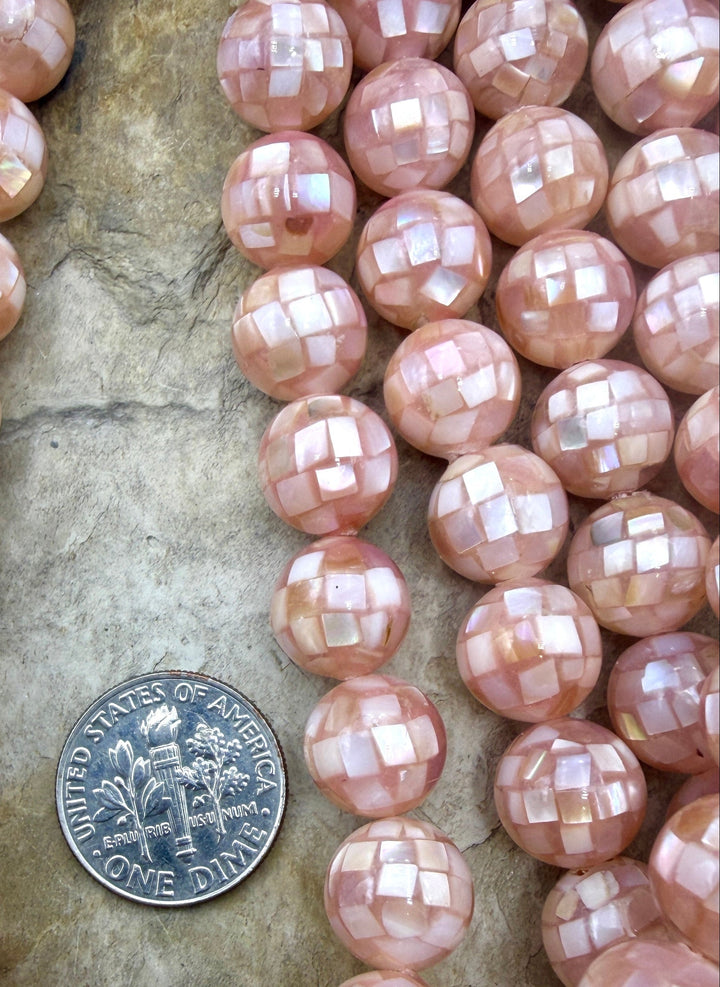 Pink Mother Of Pearl In Resin 10mm Disco Ball Beads 16 Inch