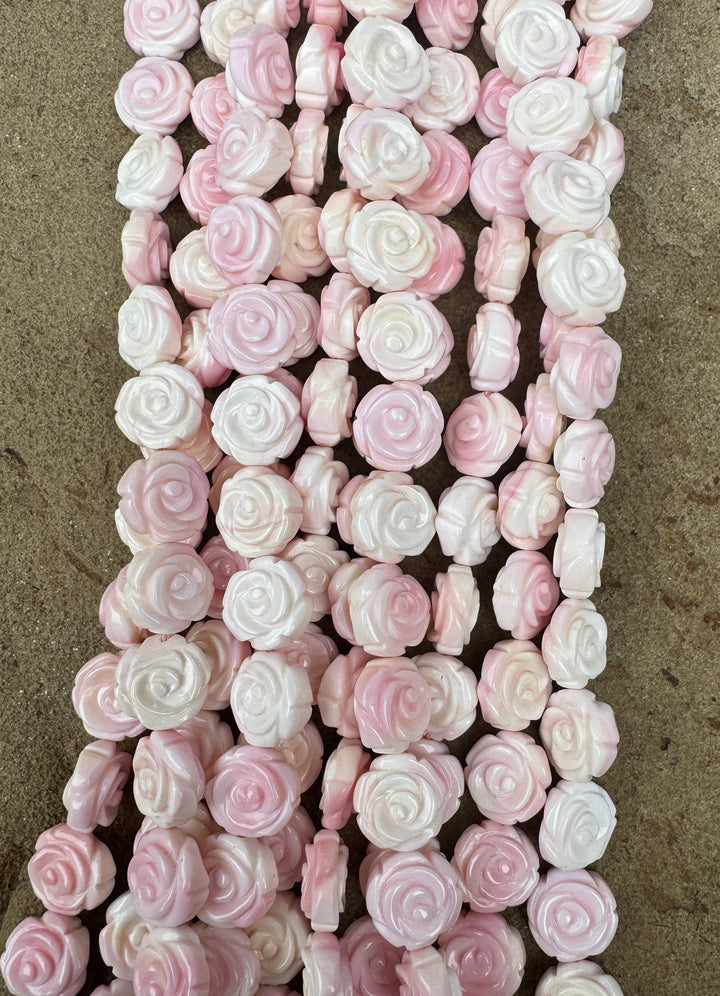 Pink Queen Conch Shell 12mm Carved Rose Bead Strand (16