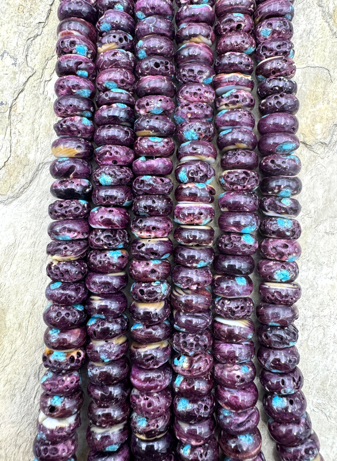 Purple Spiny Oyster with Turquoise Inlay Rondell Strand