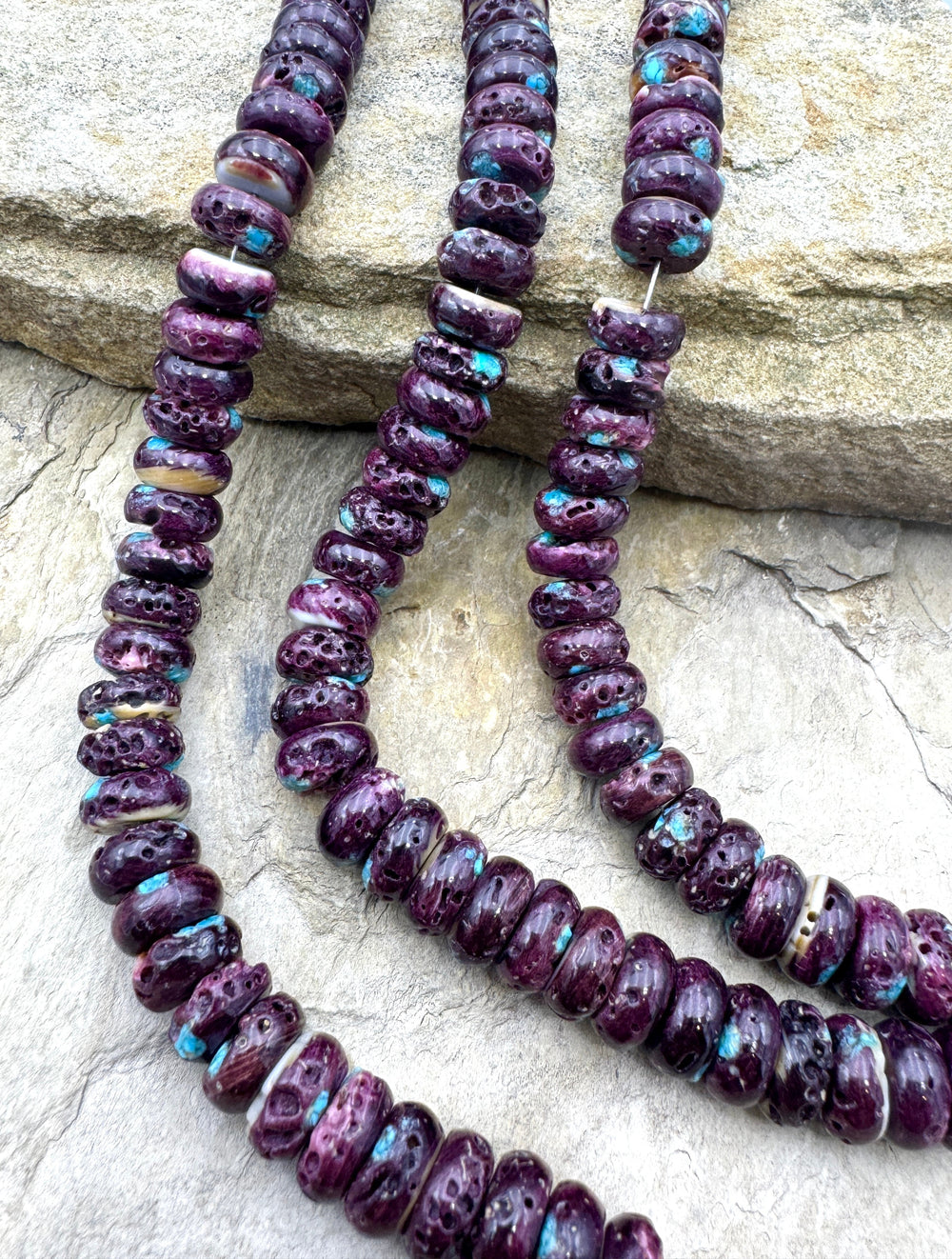 Purple Spiny Oyster with Turquoise Inlay Rondell Strand