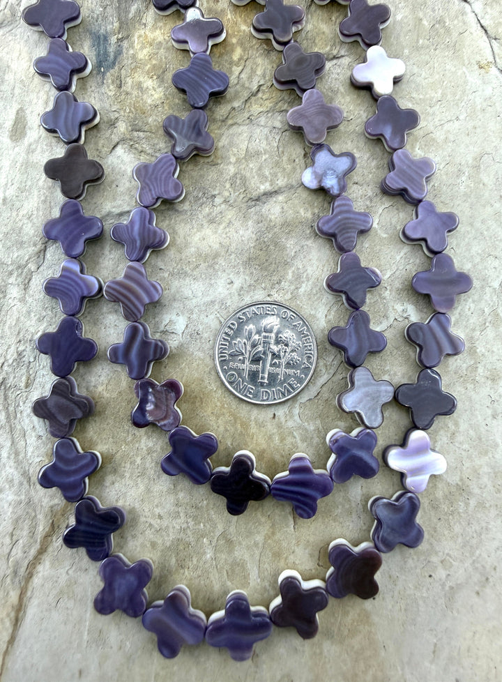 Purple Wampum/Quahog Shell 10mm Rounded Cross Beads 16 Inch