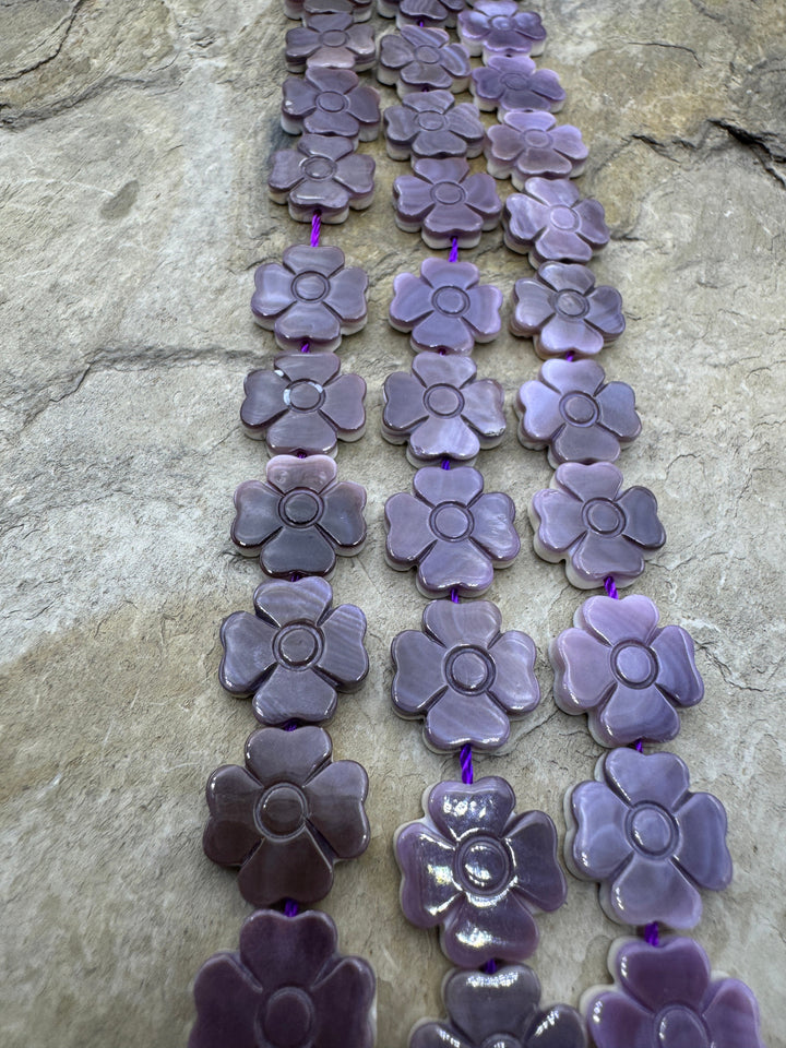 Purple Wampum/Quahog Shell Carved Flower Beads 13mm 8 inch