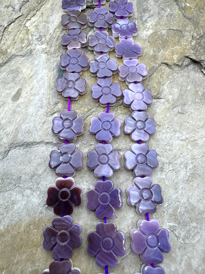 Purple Wampum/Quahog Shell Carved Flower Beads 13mm 8 inch