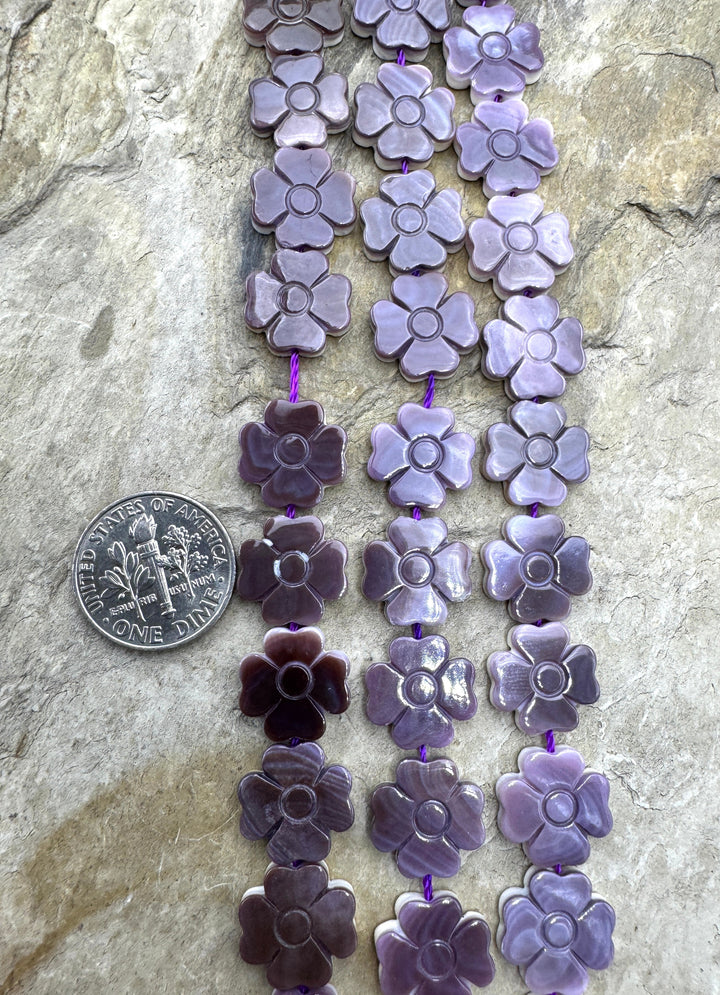 Purple Wampum/Quahog Shell Carved Flower Beads 13mm 8 inch