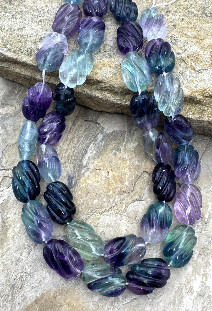 Rainbow Fluorite 10mm Big Carved 11x18mm Beads 16 inch