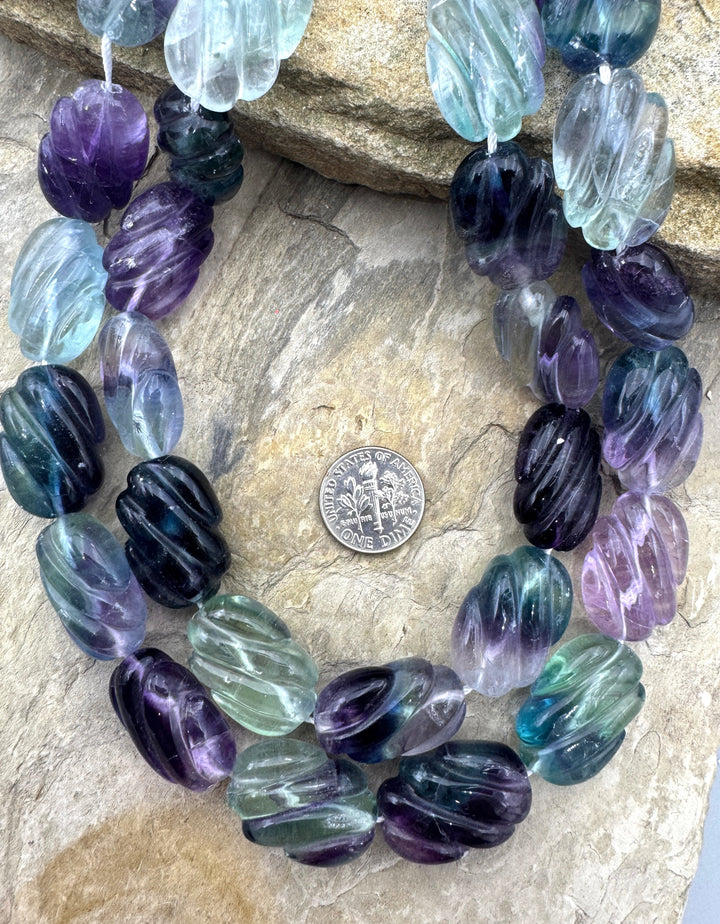 Rainbow Fluorite 10mm Big Carved 11x18mm Beads 16 inch