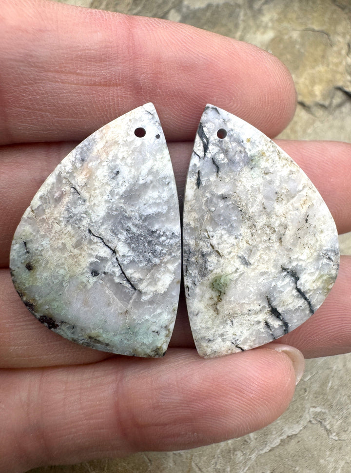 RARE ’Green’ White Buffalo Matching Earring Slab Bead Pair