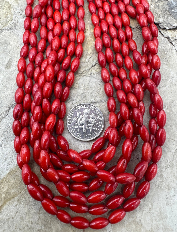 Red Coral (Dyed) 4x8mm Rice Beads 15 Inch Strand - Coral