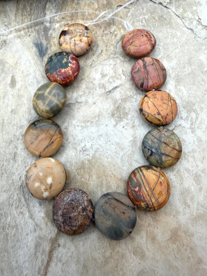 Red Creek Jasper 16mm Coin Shaped Beads 7.5 Inch Strand/12