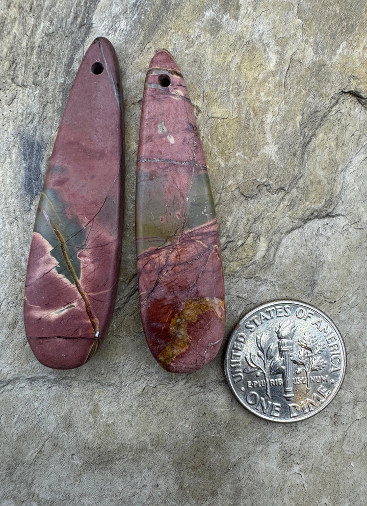 Red Creek Jasper Matching Earring Slab Bead Pair 12x46mm