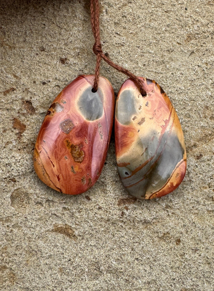 Red Creek Jasper Matching Earring Slab Bead Pair 17x30mm