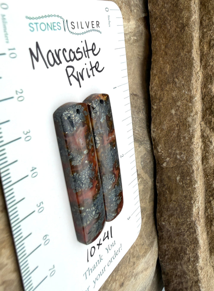 Red Marcasite Pyrite Matching Earring Slab Bead Pair