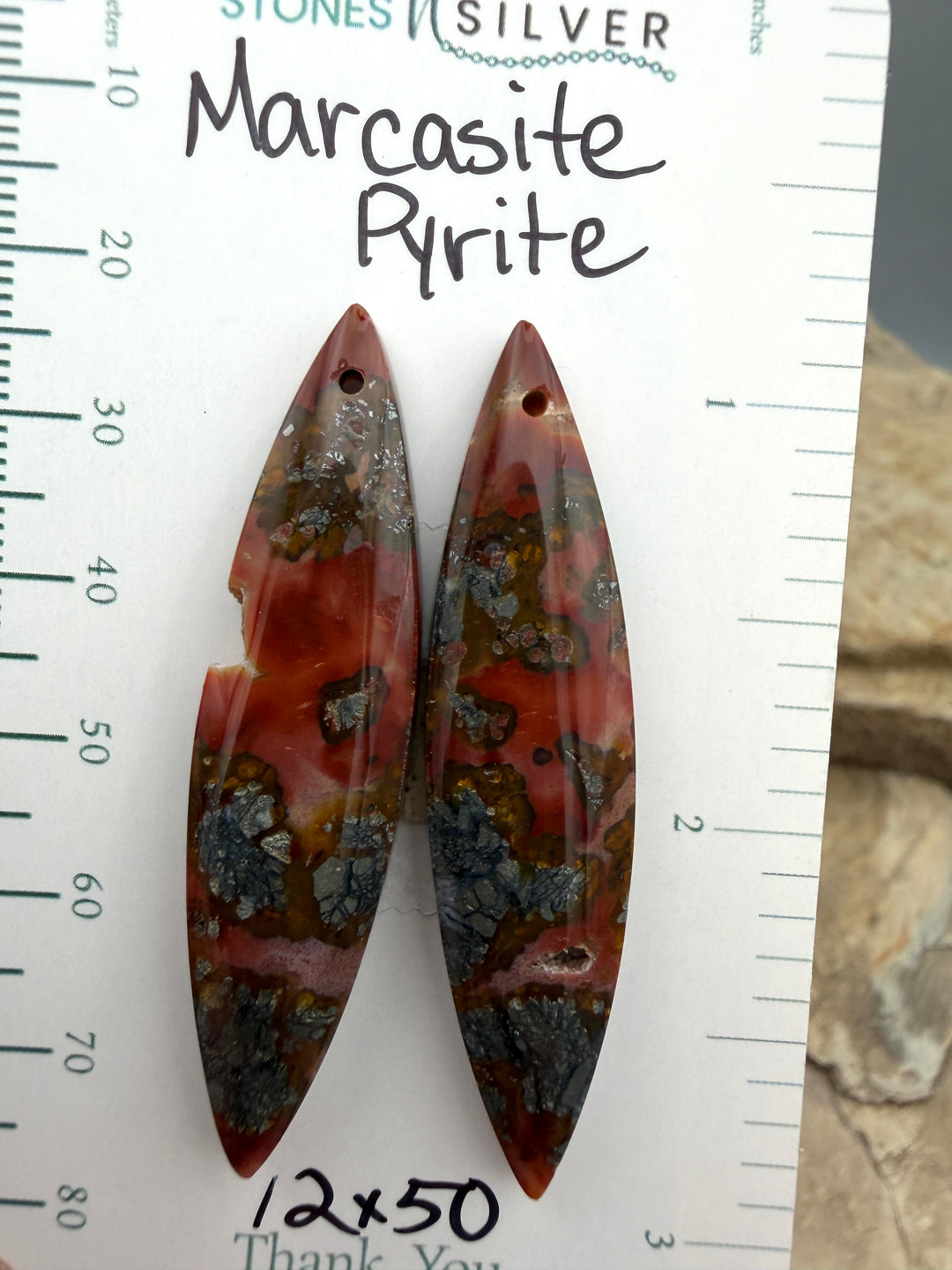 Red Marcasite Pyrite Matching Earring Slab Bead Pair