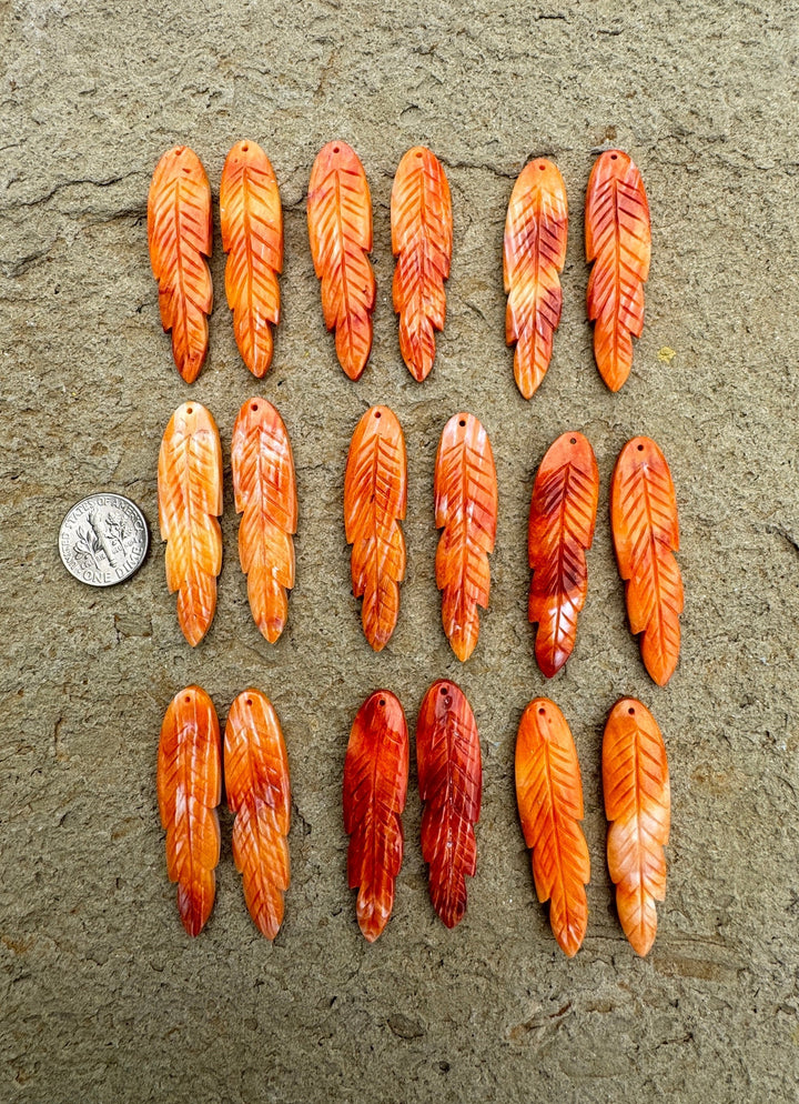 Red/Rust Spiny Oyster Shell Carved Feather Bead Pairs