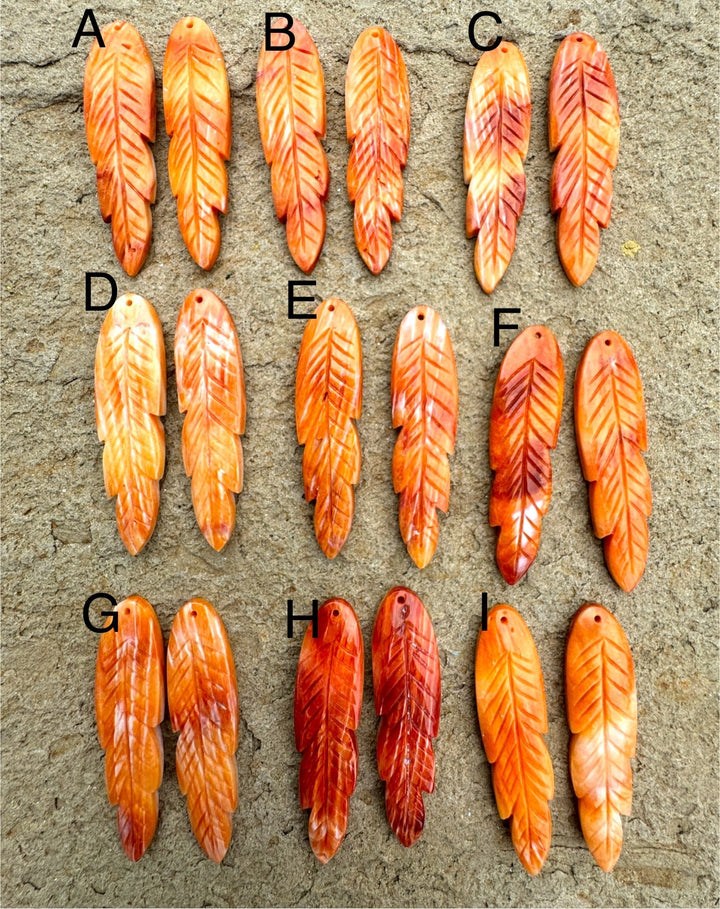 Red/Rust Spiny Oyster Shell Carved Feather Bead Pairs