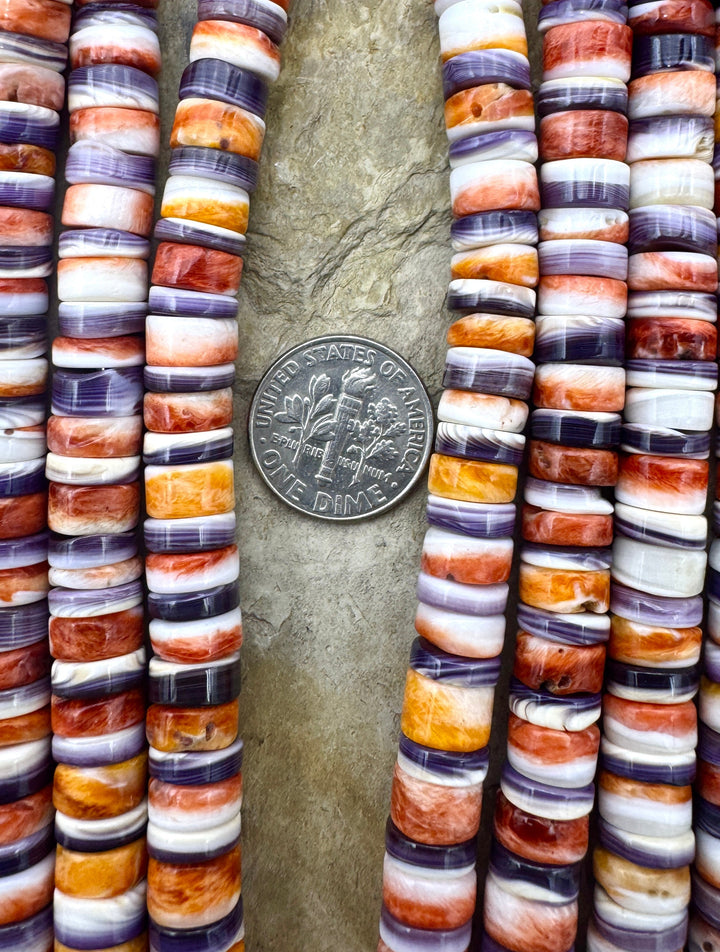 Red Spiny Oyster and Purple Wampum/Quahog Shell 8mm Heishi
