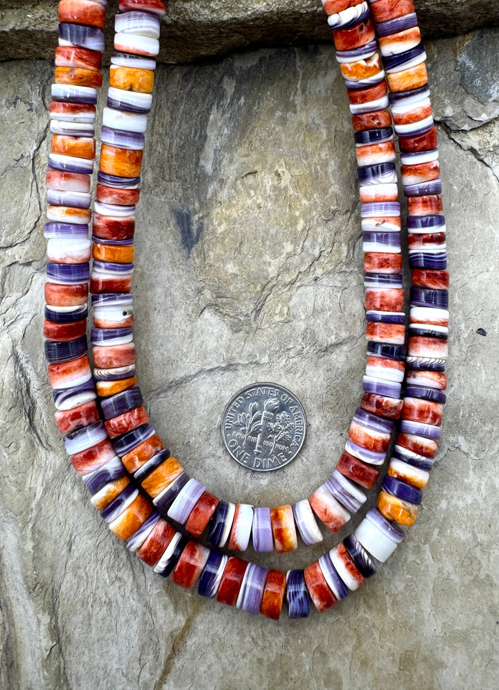 Red Spiny Oyster and Purple Wampum/Quahog Shell 8mm Heishi
