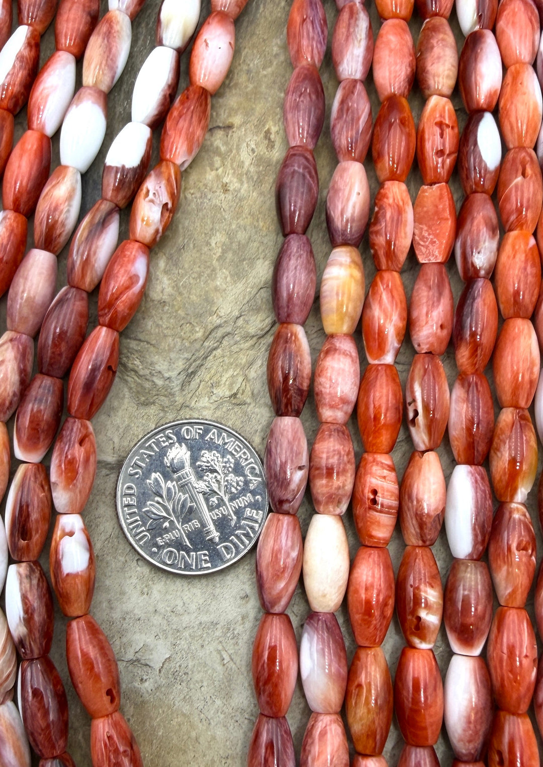 Red Spiny Oyster Rice Beads 5x10mm 16 Inch Strand/40 Beads
