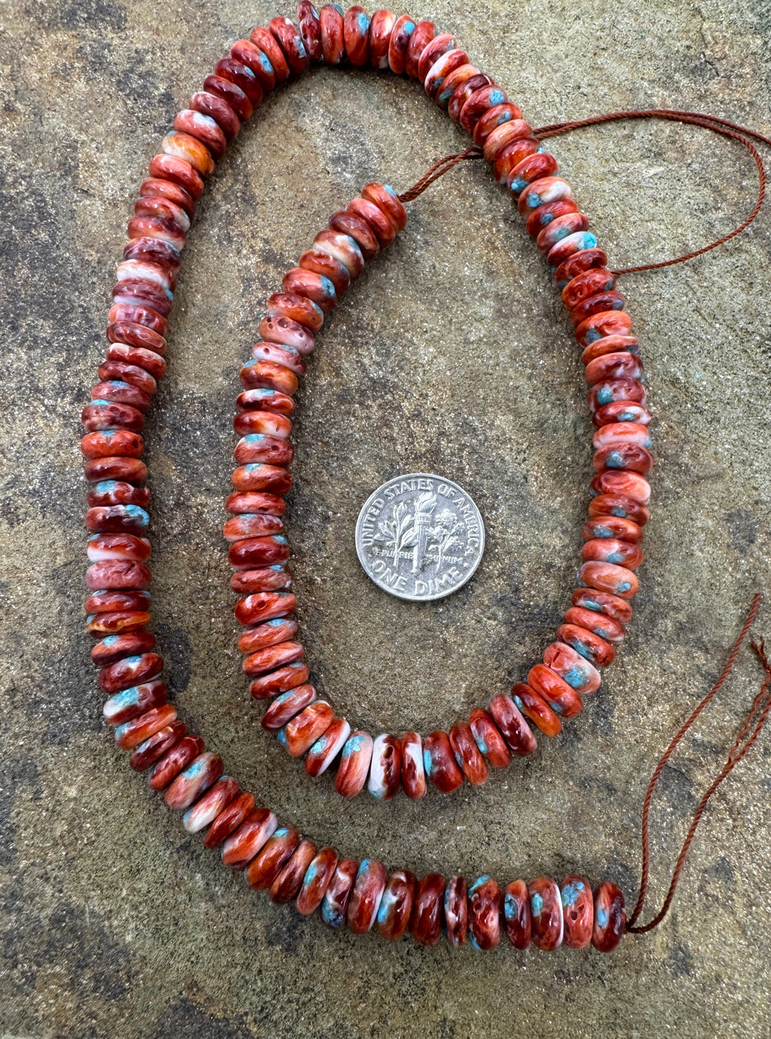 Red Spiny Oyster with Turquoise Inlay 8mm Rondelle Beads 16