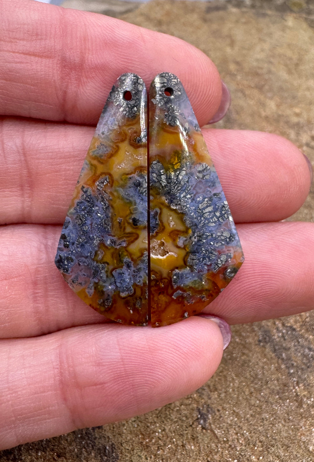 Red/Yellow Macasite Pyrite Matching Earring Slab Bead Pair