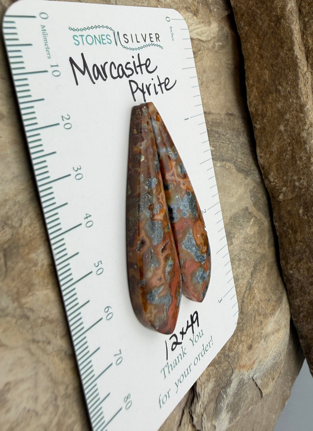 Red/Yellow Marcasite Pyrite Matching Earring Slab Bead Pair