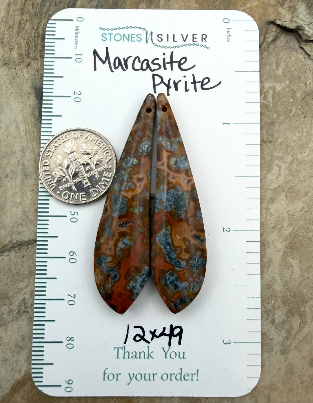 Red/Yellow Marcasite Pyrite Matching Earring Slab Bead Pair