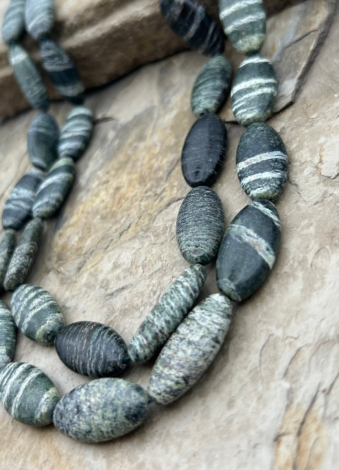 Serpentine (Russia) Flat Oval Beads 12x25mm 16 inch