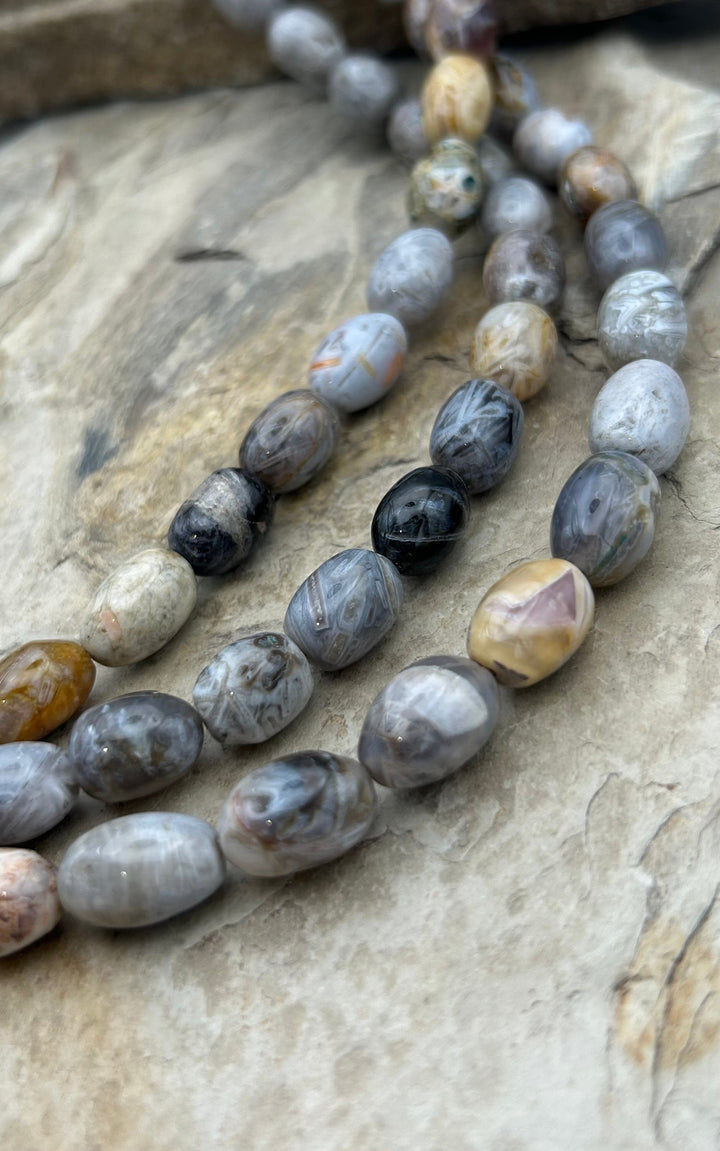 Silver Needle Agate Big Oval Beads 10x15mm 15 inch strand