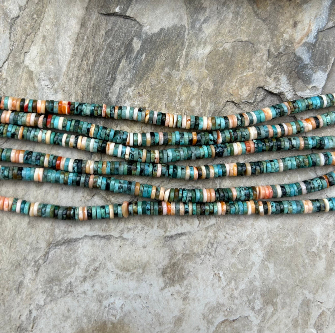 Spiny Oyster and African Jade 4mm Heishi Beads One 16 Inch