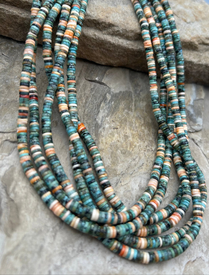 Spiny Oyster and African Jade 4mm Heishi Beads One 16 Inch