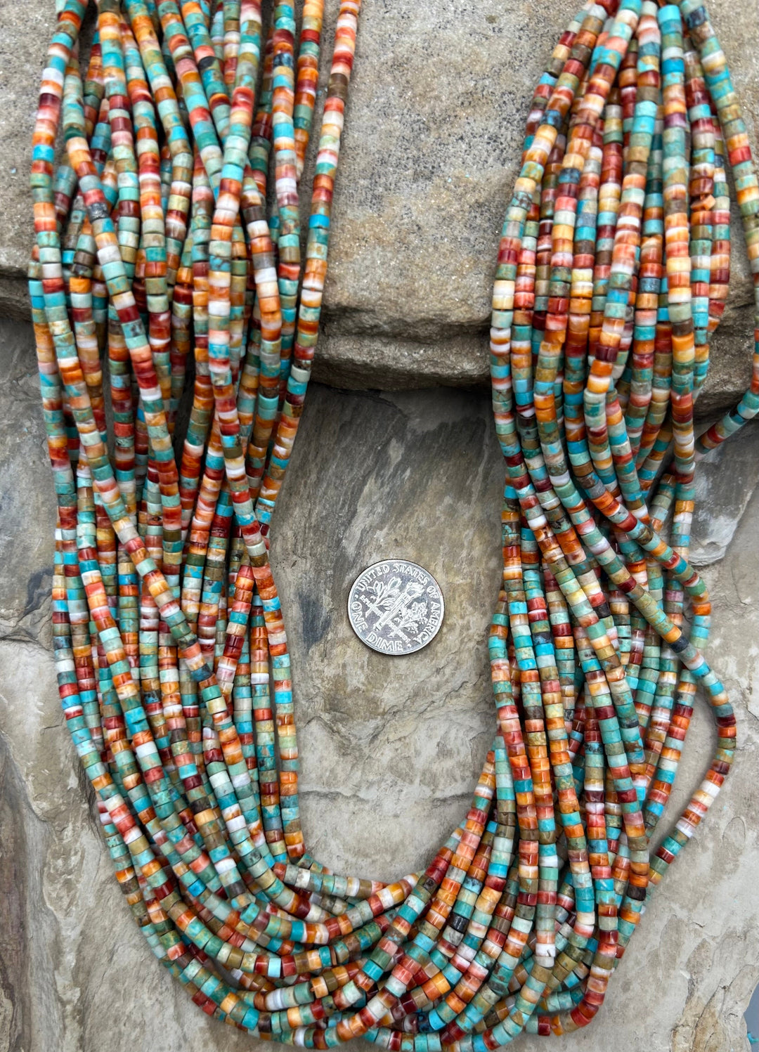 Spiny Oyster and Turquoise 3mm Heishi Beads One 16 Inch