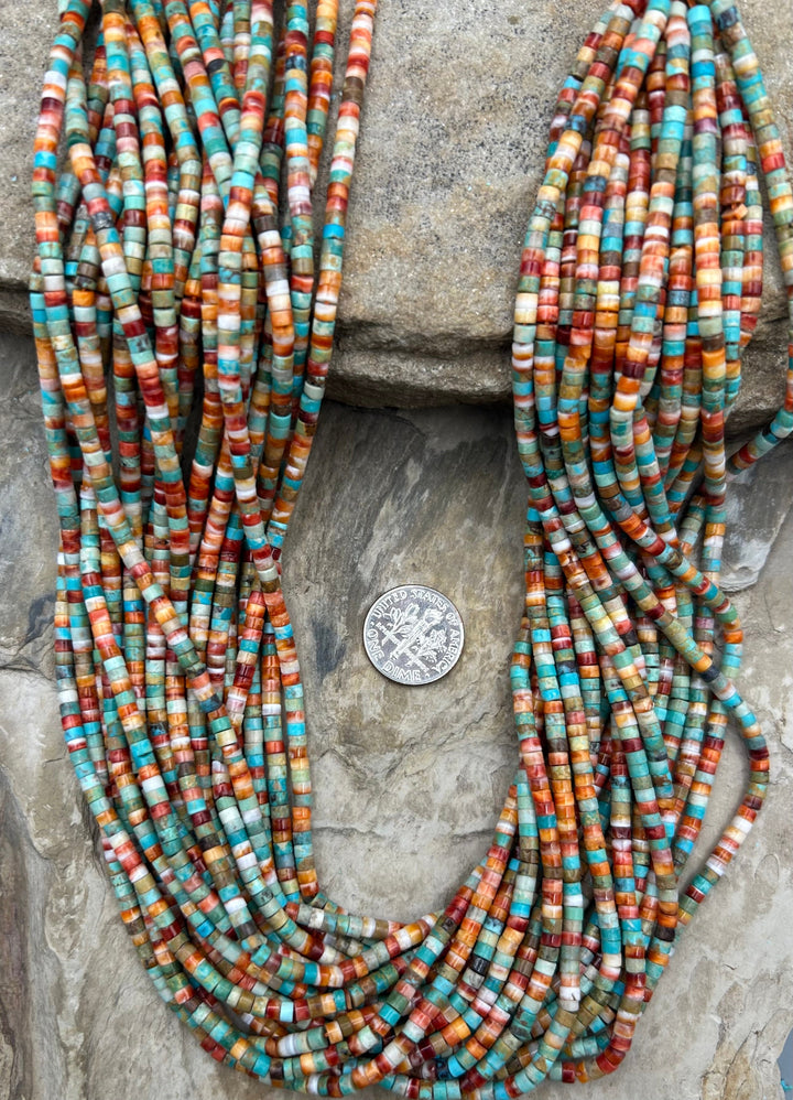 Spiny Oyster and Turquoise 3mm Heishi Beads One 16 Inch